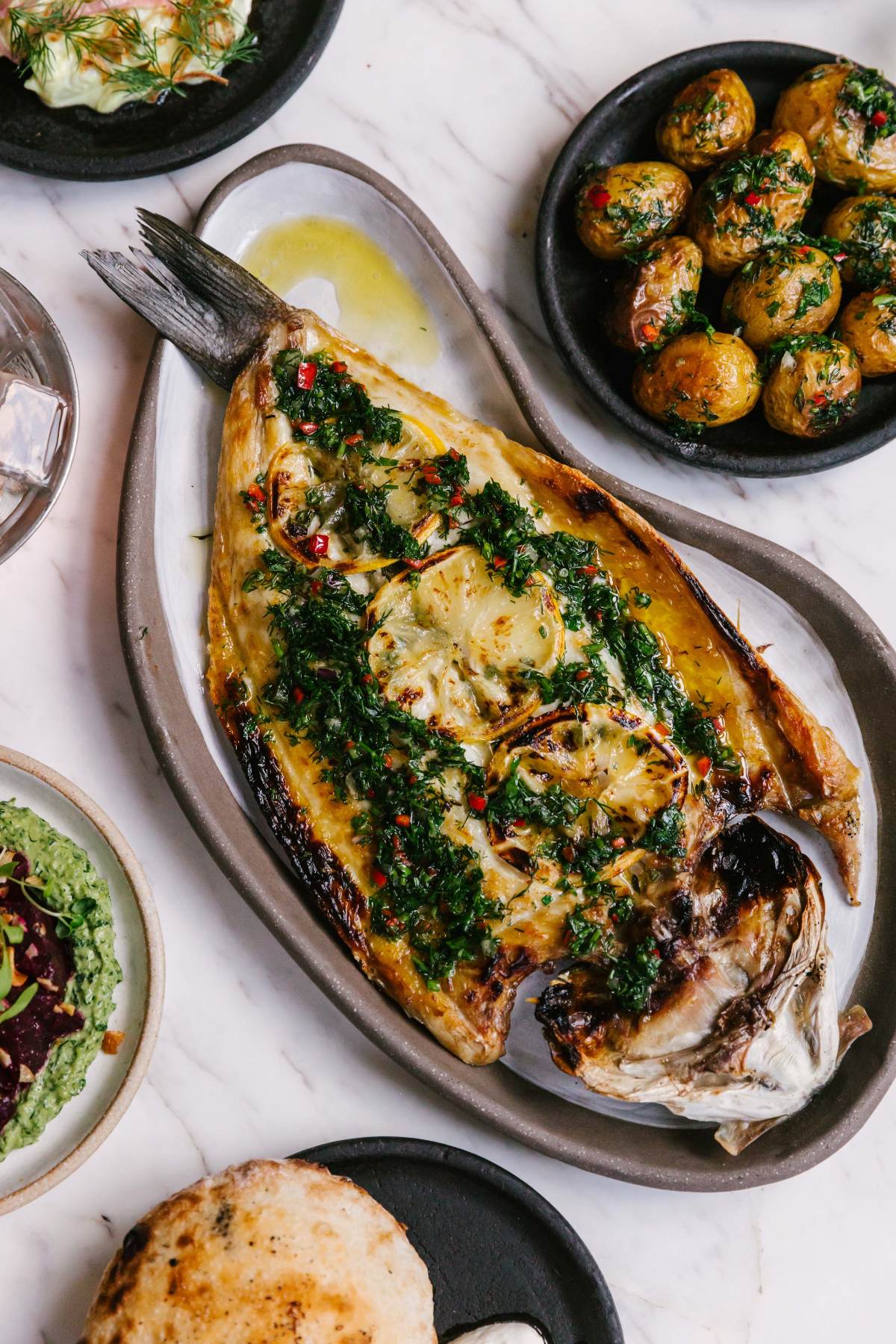 Whole grilled sea bass